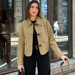 JazzHer Fashion Short Suede Jacket Coat For Women Casual Splice Lapel Long Sleeve Button Female Outwear Loose High Street Coat