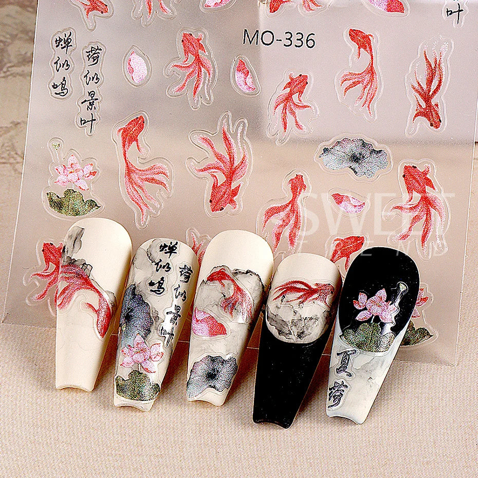 JazzHer 5D Lucky Koi Carp Summer Goldfish Nail Art Sticker Ocean Beach Mermaid Sea Lotus Chinese Style Adhesive DIY Manicure Foils Decal