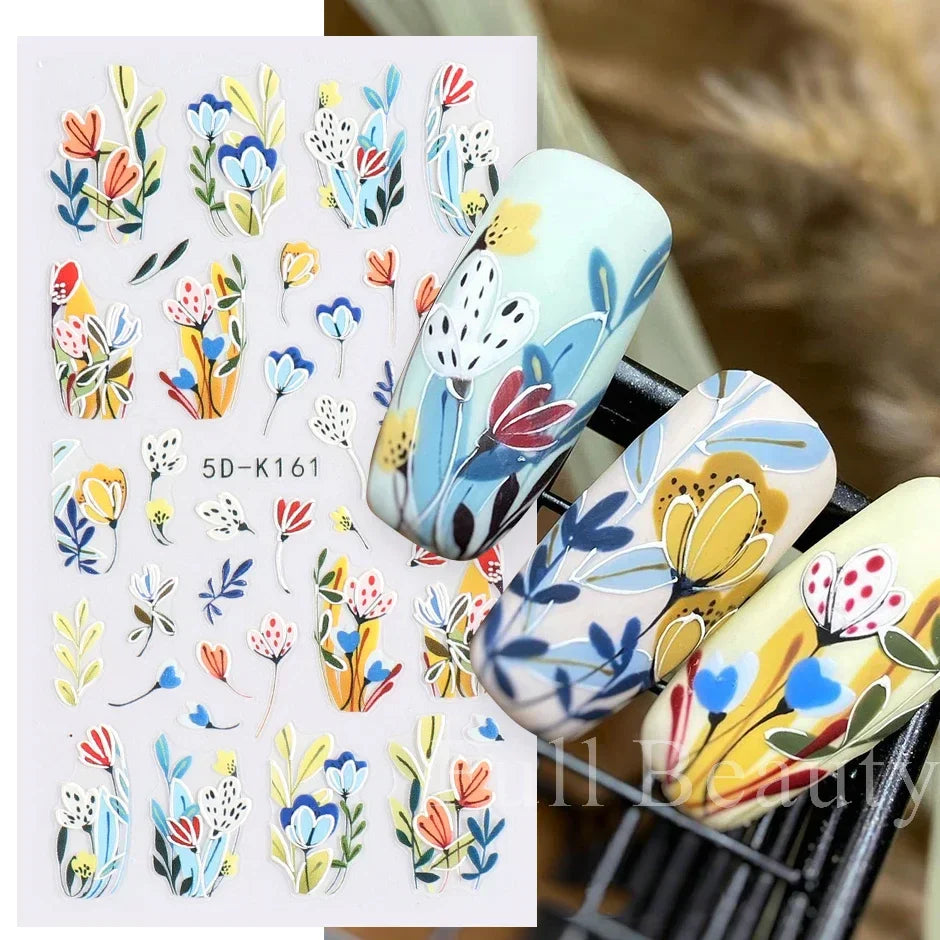 JazzHer 5D Acrylic Lily of the Valley Tulip Nail Decals Summer Flower Leaves Dreamcatcher Design Textured Sticker For Manicure LY5D-K162