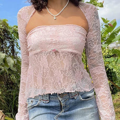 JazzHer 2 Piece Set Long Sleeve Shrug T-shirt Strapless Tube Tops Floral Lace Mesh Sheer Fairy Coquette Y2K Vintage Crop Tops Women