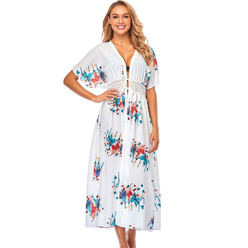 JazzHer Elegant Patchwork Plunging Neck Self Belted High Waist Beach Tunic Dress Summer Beachwear Solid White Front Open Long Dress Q528