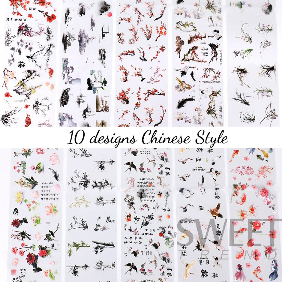 JazzHer 10pcs Chinese Style Nail Art Foils Ink Painting Characters Cloud Crane Design Transfer Sliders New Year DIY Decor Stickers DXK12