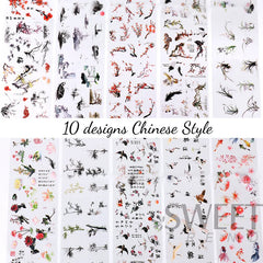 JazzHer 10pcs Chinese Style Nail Art Foils Ink Painting Characters Cloud Crane Design Transfer Sliders New Year DIY Decor Stickers DXK12