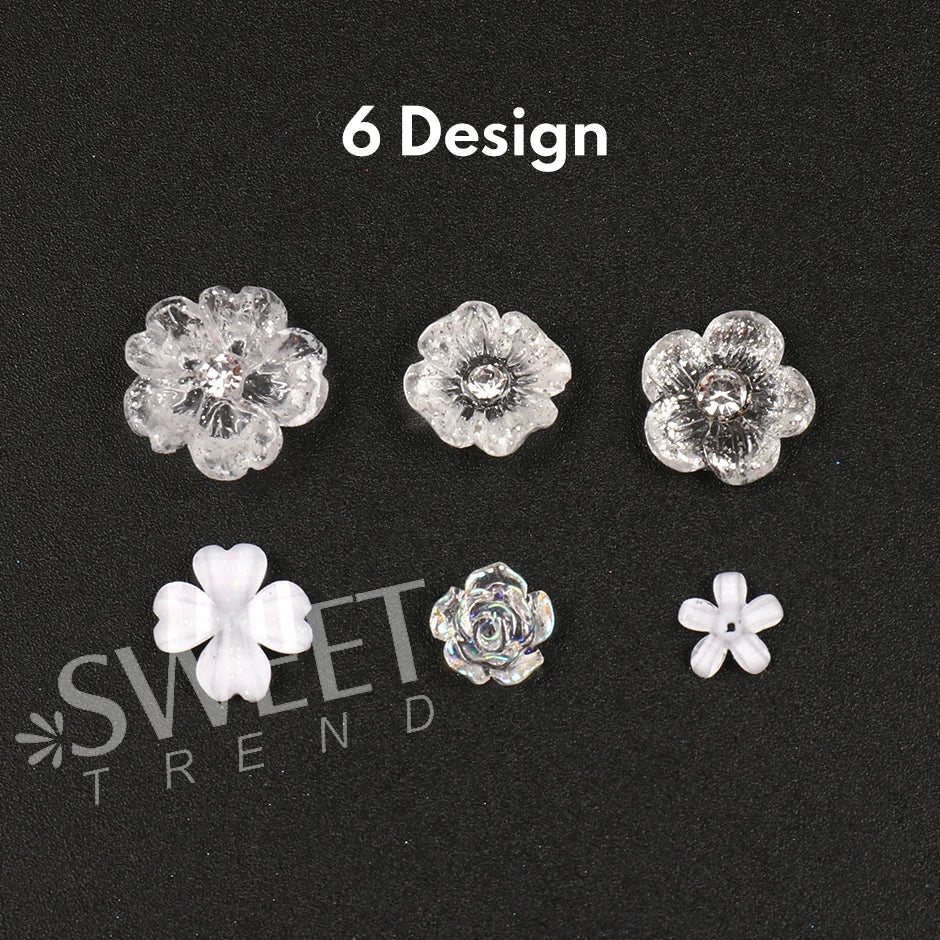 JazzHer 6 Grids Big Rhinestones Flowers Nail Acrylic Parts Aurora Clear Crystal Floral Camellia Valentine's Wedding Decor Jewelry LYS70