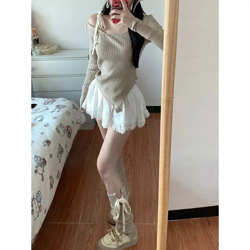 JazzHer-Set female 2024 Harajuku sense strapless asymmetric one-shoulder knitted bottoming shirt top half-body skirt spring new