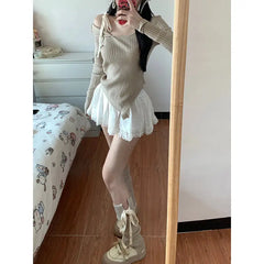 JazzHer-Set female 2024 Harajuku sense strapless asymmetric one-shoulder knitted bottoming shirt top half-body skirt spring new