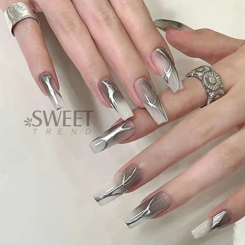 JazzHer Metallic Silver Line Nail Manicure Stickers Metal Chrome Stripe Vine Flame Adhesive Decals Tape Swirl French Sliders Decor Foils