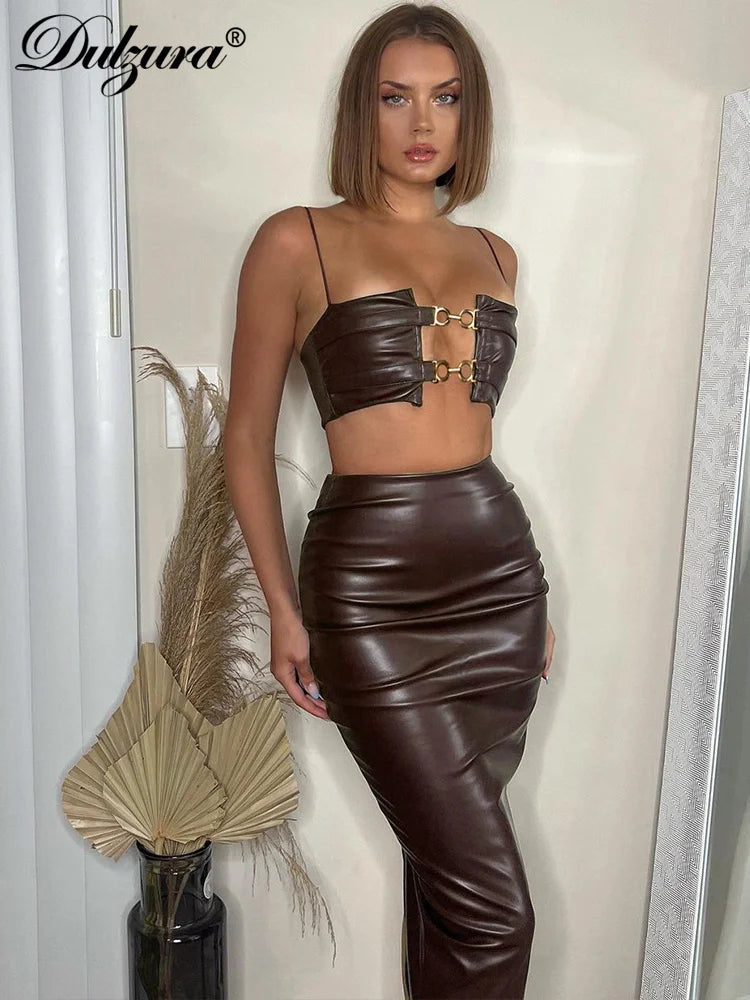 JazzHer Matching Suit Mini Crop Top Pu Leather 3D Metal Ring Zipper Midi Skirt High Slit 2024 Summer For Women Sexy Clubwear