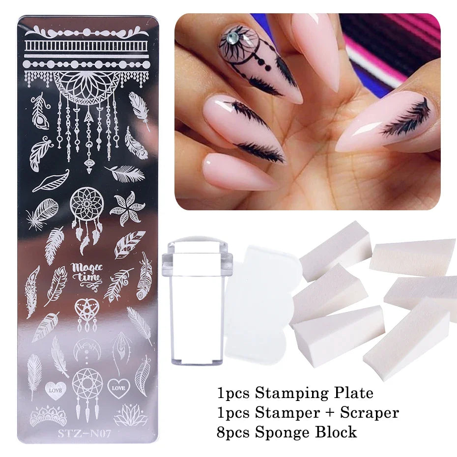 JazzHer 11pcs Nail Stamping Plate Jelly Stamper Scraper Set Leaves Flowers Dream Catcher Geometric Image Template Stencil LYSTZN01-12-1