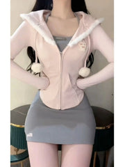 JazzHer 2024 Japanese Style Kawaii 3 Piece Set Hooded Cute Pink Coat + Casual Vest + Y2k Mini Skirt Sweet Fashion Suit Woman Chic