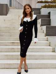 JazzHer Autumn Winter New Knitted Long Dress For Women Fashion Splice Contrast Color Bodycon Dress Sweater Elegant Flare Sleeve