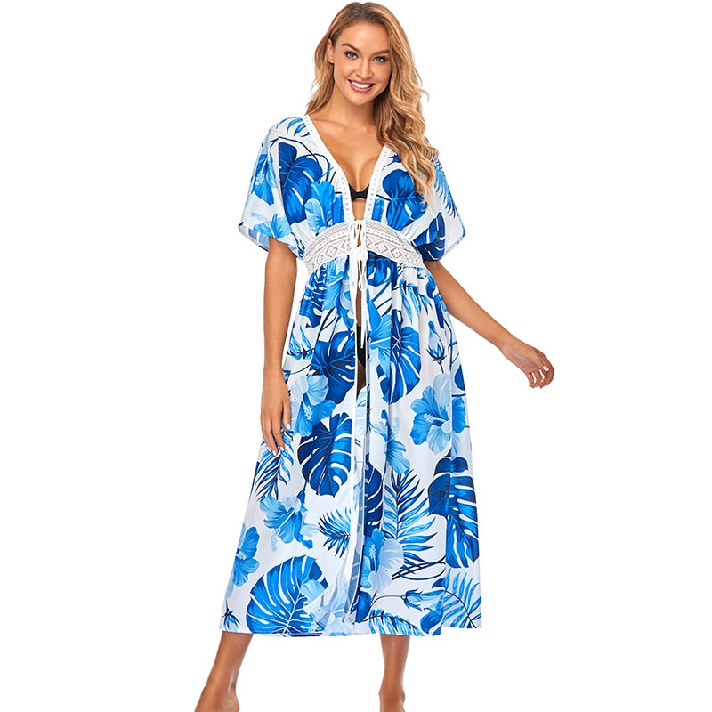 JazzHer Elegant Patchwork Plunging Neck Self Belted High Waist Beach Tunic Dress Summer Beachwear Solid White Front Open Long Dress Q528