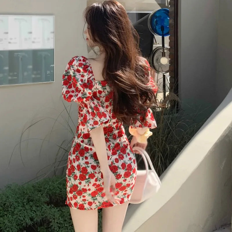 JazzHer Spring Summer Square Collar Floral Dress Women Temperament Slim Waist Bag Hip Skirt French Retro Dresses