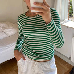 JazzHer Vintage Preppy Style Y2K Crop Tops Clothes Cottage Striped Rib Knitted T-shirt Women Long Sleeve Casual Basic Tees Pullovers