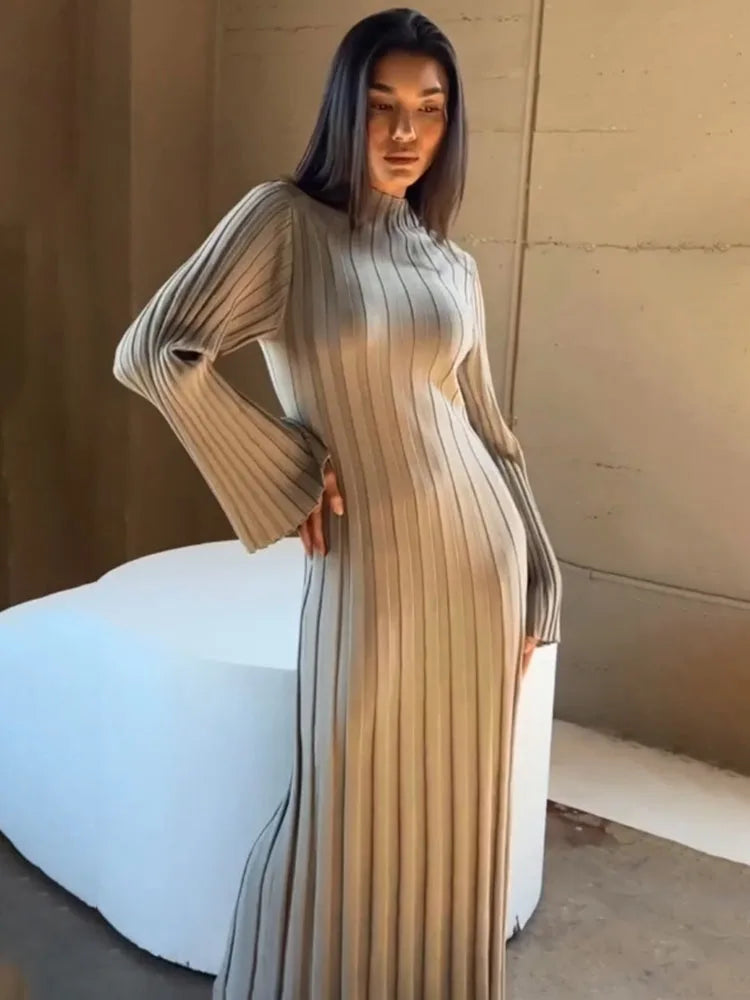 JazzHer Fall Winter New Knitted Dress Female Casual Big Striped High Collar Sweater Long Dress Elegant Flare Sleeve Party Dresses