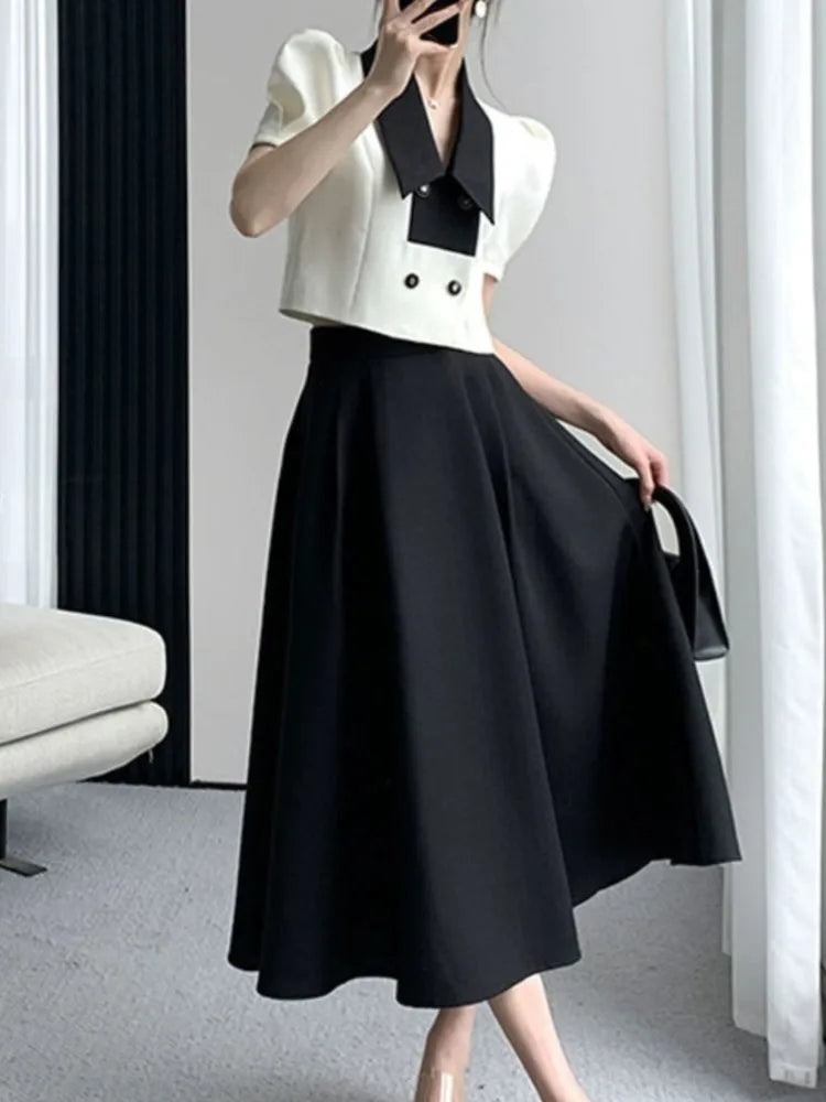 JazzHer French Elegant Two Piece Sets Vintage Office Lady Puff Sleeve White Crop Top + A Line Black Midi Skirts Suit Retro Summer Outfit