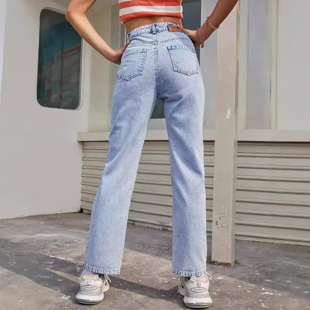 JazzHer Women Basics Jeans Straight Pants Denim Mid Waist Pockets Button Vintage 2024 Autumn Female Ankle Length Trousers Streetwear