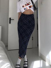 JazzHer- Y2k Plaid Long Skirt Low Waist Slim Women Streetwear Gyaru Mesh Patchwork Straight Maxi Skirt Autumn Fashion Girl