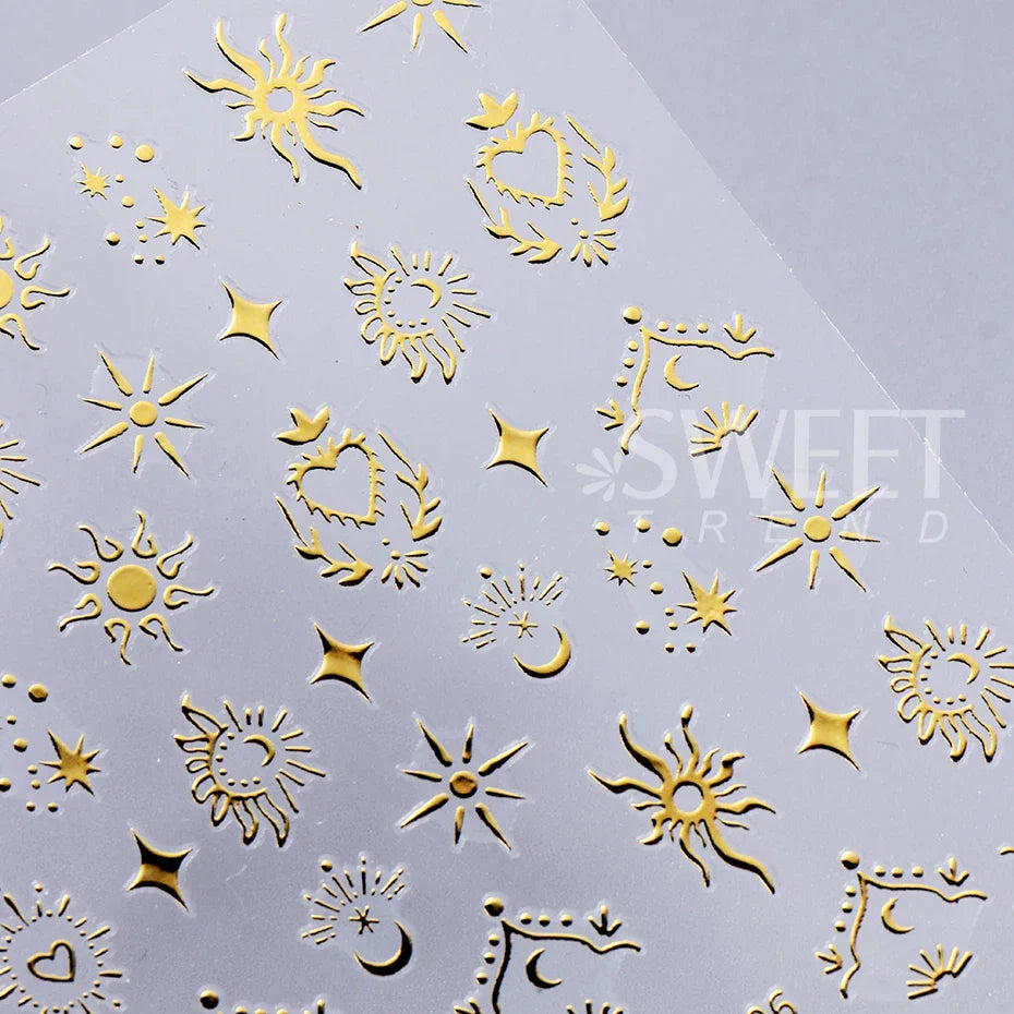 JazzHer 3D Bronzing Sun Star Nails Stickers Golden Silver Y2K Strip Line Nail Art Design Self Adhesive Decal Sliders Manicure Decoration