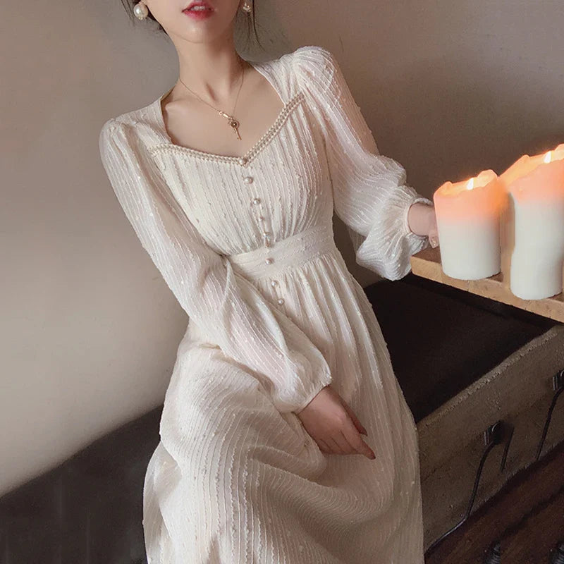 JazzHer French Vintage White Midi Dresses Women 2024 Summer New Fashion Elegant Princess A-Line Clothes Long Sleeves Party Ladies Dress