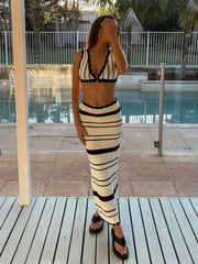 JazzHer Striped Bikini Casual Vest Halter Top Suit For Women Beach Bohemian Sexy Slim Contrasting Long Skirts Matching Sets New