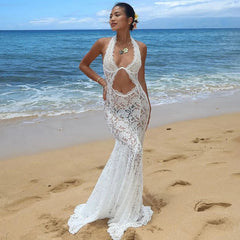 Black Friday JazzHer Sexy Lace See Through Hollow Out Maxi Dress Womens Elegant Summer White Holiday Beachwear Backless Slim Halter Neck Dress