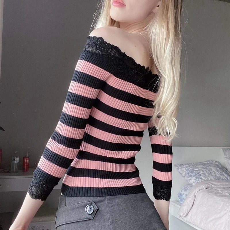 JazzHer 2024 Fall Fashion Vintage Y2K Striped Lace Sweater T-shirt Coquette Grunge Slim Fit Long Sleeve Tees Retro Cottage Kawaii Off Shoulder Crop Tops