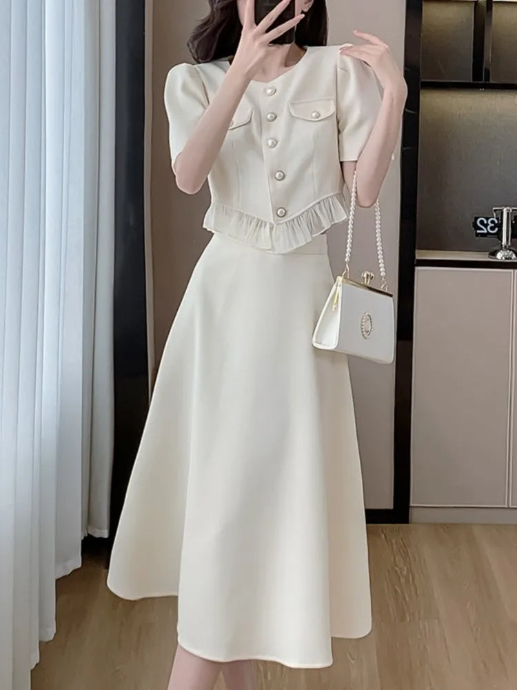 JazzHer Fashion Korean Sweet Elegant 2 Piece Set Summer Office Lady Skirt Suits Ruffles Collar Knee-length Clothing For Women