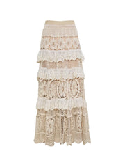 JazzHer 2024 New Fashion Long Maxi Bohemain Cotton Knitting Hollow Out Women Beige Lace Patchwork Skirts