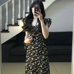 JazzHer Korean Style Hot Girl Floral Kawaii Dress Elegant Tighten The Waist 2024 Spring Summer New Dress Vintage Women Lovely Dress