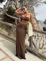 JazzHer 3 Pieces Bikini Sets Female Swimwear 2025 Sexy Bandeau Swimsuit Halter Bathing Suit Cvoer ups Beach Maxi Dress Long Skirt K154