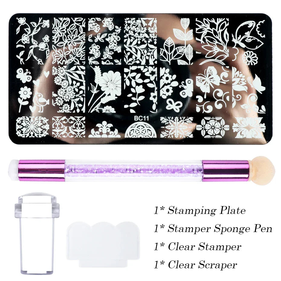 JazzHer 4pcs Nail Art Stamping Plate Flower Lace Patterns Image Stencil Stamper Gradient Nail Brush Nail Set Template Tools LYBC01-20-2