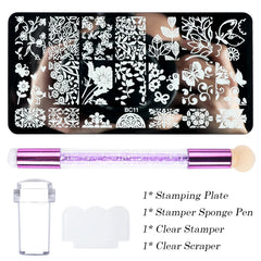 JazzHer 4pcs Nail Art Stamping Plate Flower Lace Patterns Image Stencil Stamper Gradient Nail Brush Nail Set Template Tools LYBC01-20-2