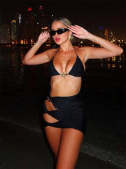JazzHer 3 Piece Bikini Set Women Black Swimsuit Cute Bathing Suit Hollow Out Mini Dress Beach Cover up Resort Wear Micro Biquini S217