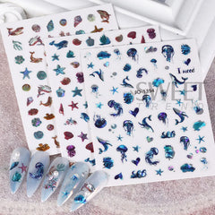 JazzHer 1 Sheet Sea Shell Nails Sticker 3D Conch Starfish Decals Laser Ocean Theme Series Self-Adhesive DIY Nail Art Manicure Decoration