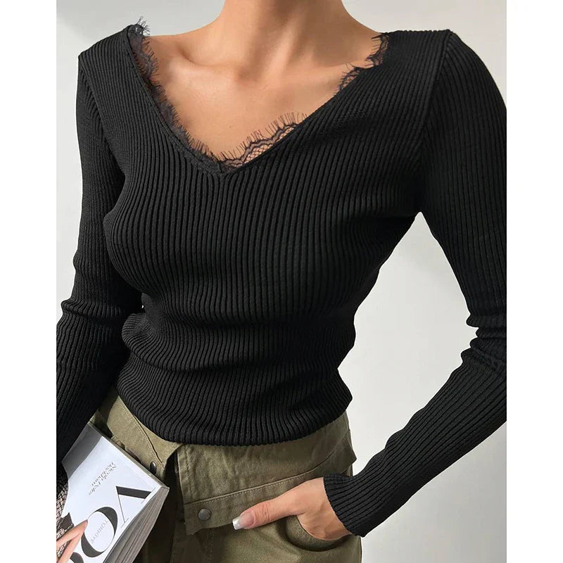 JazzHer Korean Fashion Casual Basic Black White Tees Autumn Rib Knitted Long Sleeve T-shirt Fairycore Lace Trim V Neck Crop Tops Clothes