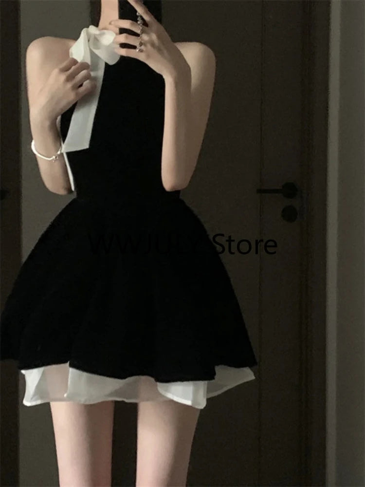 JazzHer 2024 Sexy Dress Woman Bow Bandage Sleeveless Slim Patchwork Black Mini Dresses Puffy Elegant Vintage Ladies Summer Fashion Chic