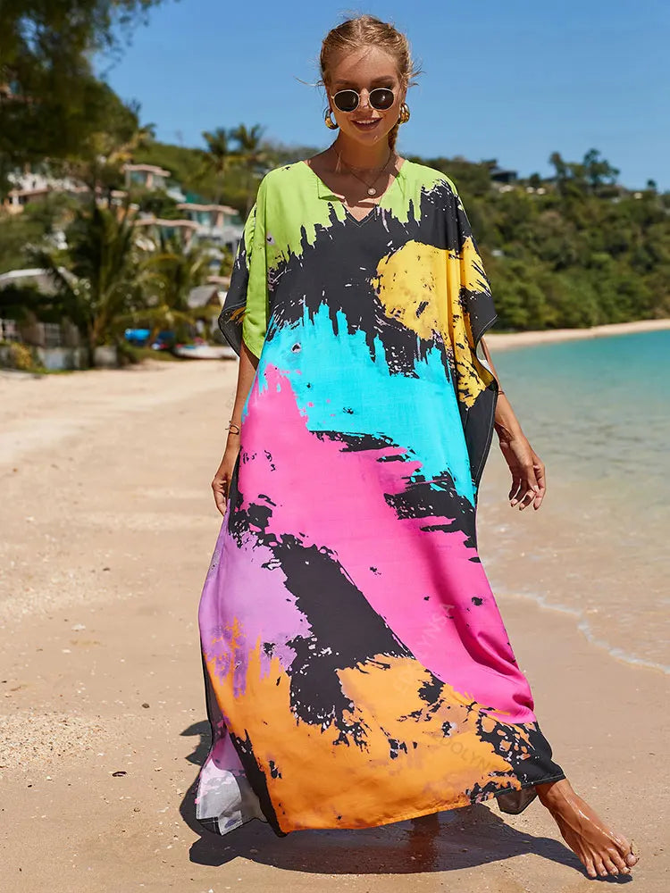 JazzHer Bohemian Butterfly Printed V Neck Batwing Sleeve Dresses For Women Clothing 2023 Beach Wear Causal Long Dress Vestidos Q1342