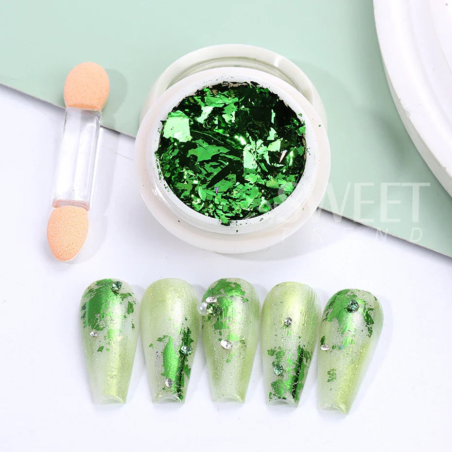 JazzHer 1Box Green Mirror Powder Nail Art Glitter UV Gel Polish Chrome Dust Metallic Effect Pigment St. Patrick's Day Nail Decoration