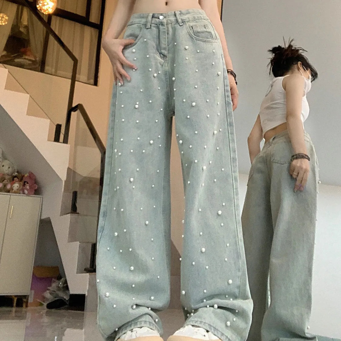 JazzHer Women Jeans Beading Wide Leg Pants Denim Jean Washing High Waist Loose Fit Pockets Basics Full Length Pants Slight Strech 2024