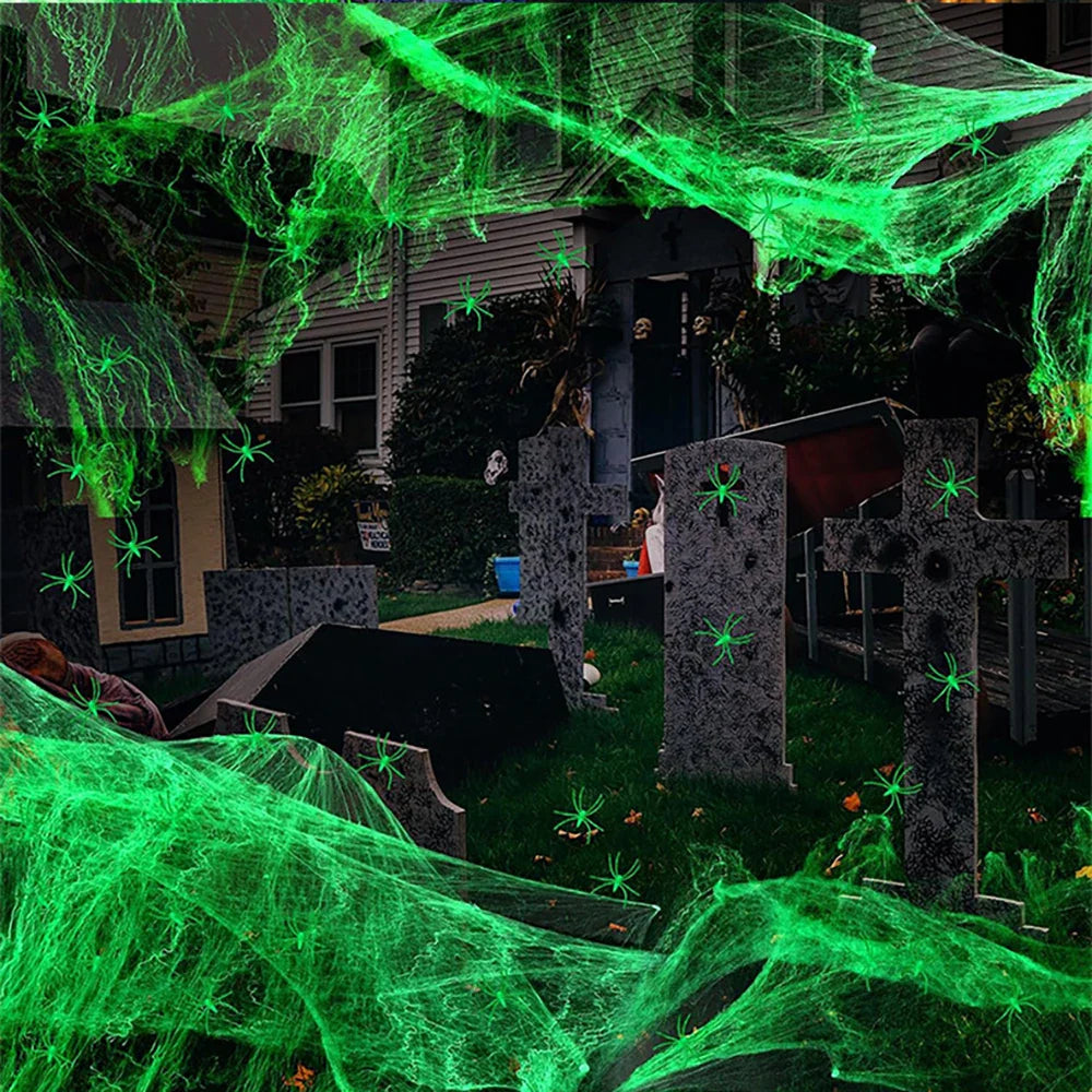 JazzHer Luminous Spider Web,Stretchy Artificial Cobweb with Fake Spiders,Halloween Decorations,Outdoor Horror Haunted House Decor Props