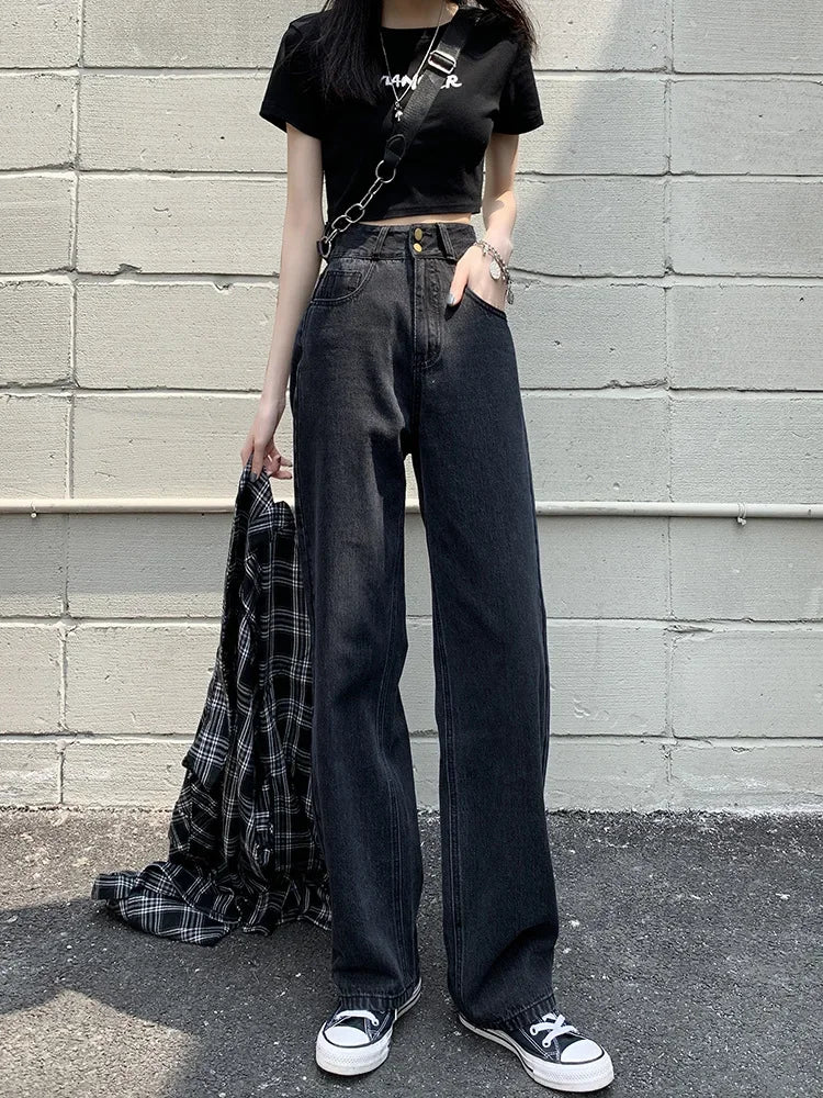 JazzHer Denim Wide Leg Pants Women High Waist Causal Vintage Denims Pockets Zipper Fly Straight Trousers Female Full Length Jeans