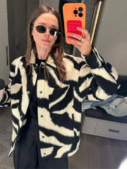 JazzHer Women Fashion Blocking Zebra Print Jacket Chic Lapel Snap Button Long Sleeves Loose Coat 2024 Autumn Female Warm Streetwear