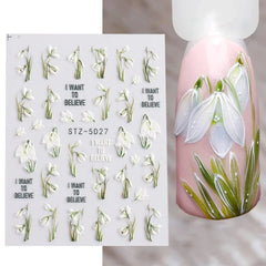 JazzHer 5D Snowdrop Embossed Nail Polish Stickers Summer Tulip Campanula Flowers Charms Decal Textured Manicure Acrylic Wraps LYSTZ-5D27