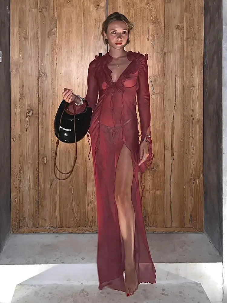 JazzHer Sexy V Neck Split Perspective Ruffle Drawstring Tight Beach Dress For Women Summer 2023 Elegant Party Maxi Dress Vestidos A1942