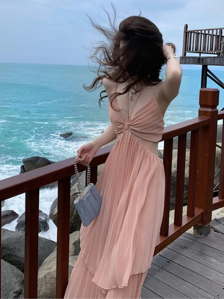 JazzHer Summer New Fashion Women Sexy Pleated  Boho Long Dress Vacation Beach Strap A line Ladies Robe 2024 Sundress