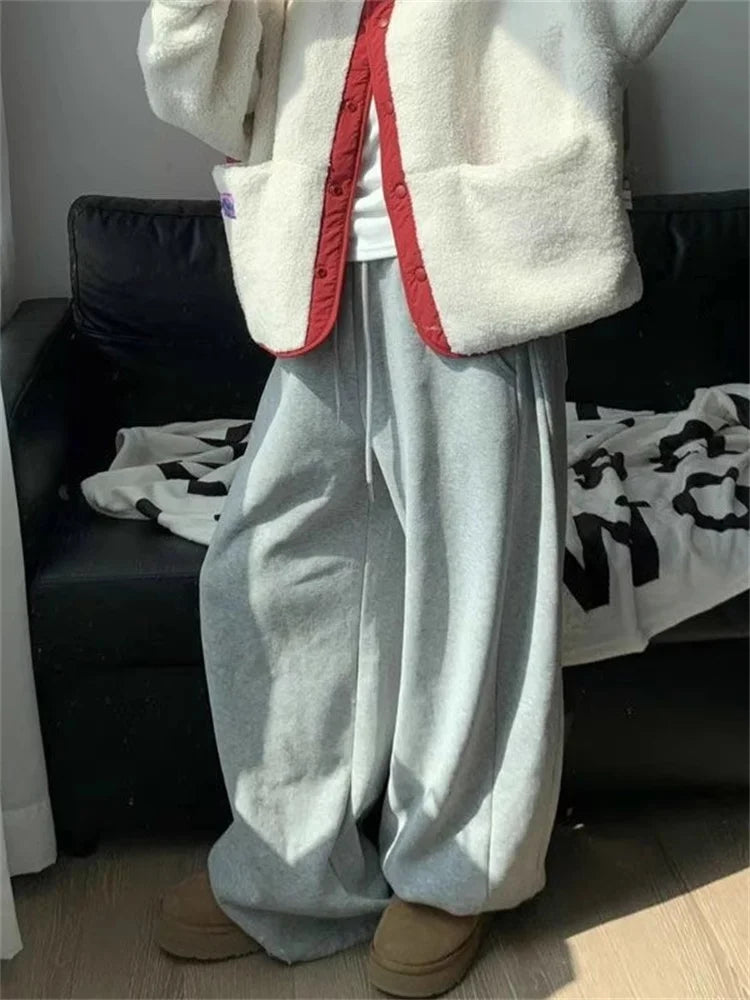 JazzHer-Y2K Yellow Fleece-lined Sweatpants Women Korean Fashion Winter Pink Brushed Pants Oversized Harajuku Gray Jogger Trousers