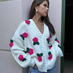 Black Friday JazzHer 3D Rose Flower Knitted Cardigan Female 2024 Autumn Winter Hand-Knitted Sweater Jacket V Neck Fashion Splice Casual Top