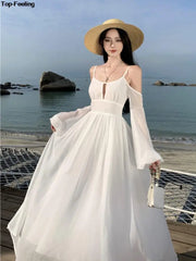 JazzHer Summer White Holiday Beach Long Dress Women Off Shoulder Backless Runway Vestidos Korean Chic A-line Sundress Clothes