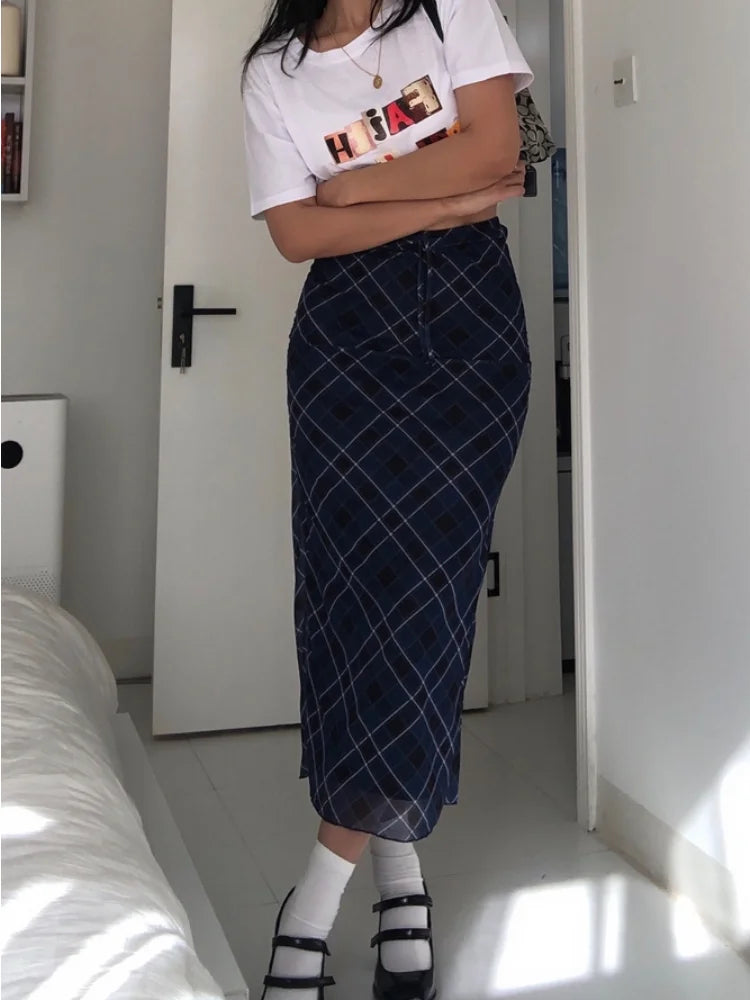 JazzHer- Y2k Plaid Long Skirt Low Waist Slim Women Streetwear Gyaru Mesh Patchwork Straight Maxi Skirt Autumn Fashion Girl